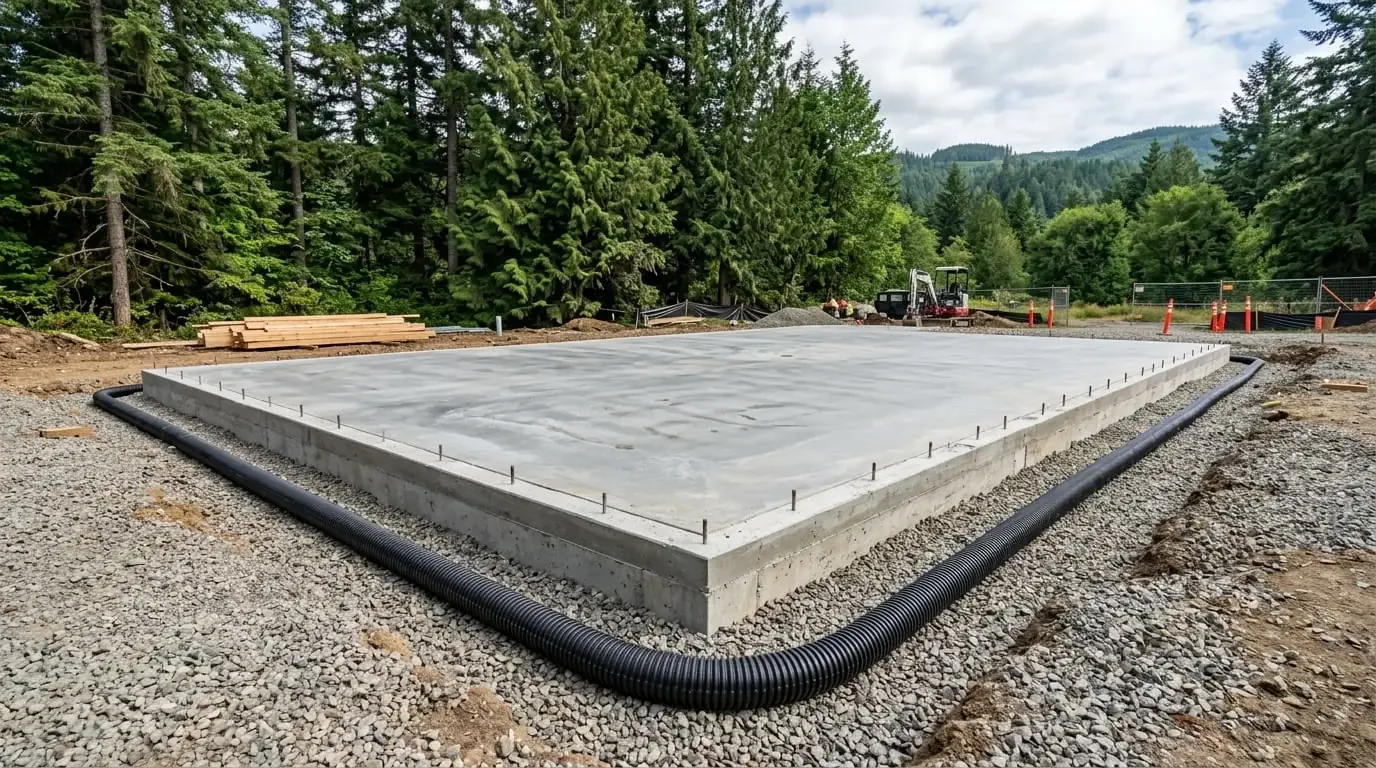 Finished concrete foundation slab with perimeter drain tile installed in Abbotsford BC