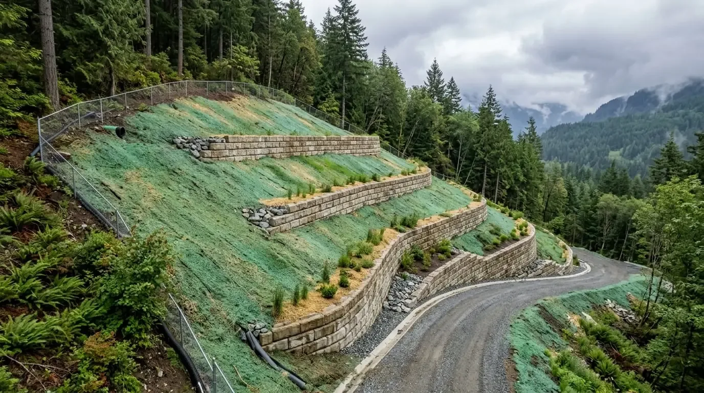 Stabilized hillside slope with terraced retaining structures and hydroseeding in the Fraser Valley