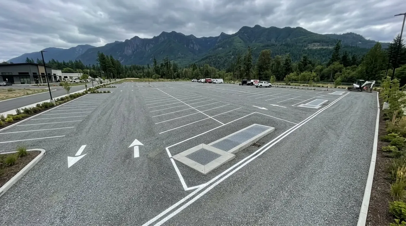 Freshly graded commercial gravel parking lot with new drainage catch basins in Surrey BC