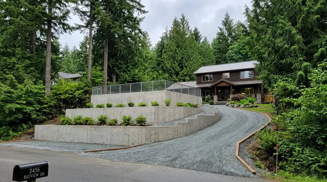 Completed terraced concrete retaining wall with new grading and gravel driveway in Langley BC
