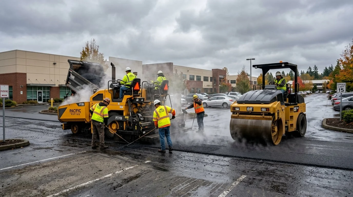 Paving crew laying fresh asphalt with a paver and roller on a commercial lot in Langley BC