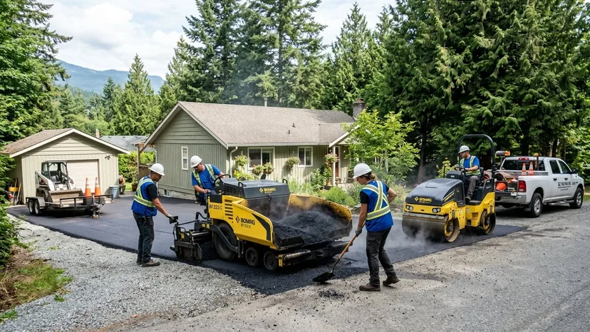 Paving crew laying fresh asphalt with a paver and roller on a commercial lot in Langley BC
