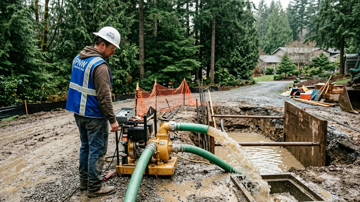 Wellpoint and sump pumps discharging groundwater from a wet excavation on a high-water-table construction site in the Lower Mainland BC