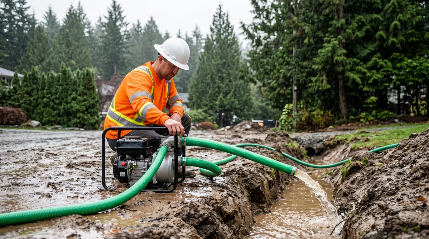Wellpoint and sump pumps discharging groundwater from a wet excavation on a high-water-table construction site in the Lower Mainland BC