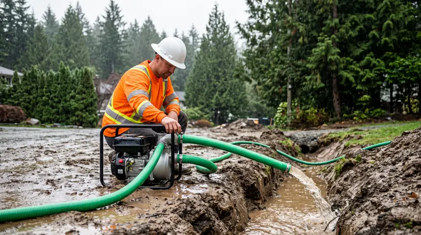 Wellpoint and sump pumps discharging groundwater from a wet excavation on a high-water-table construction site in the Lower Mainland BC