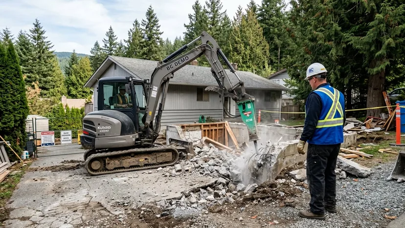 Excavator with hydraulic breaker performing structural concrete demolition in Langley BC