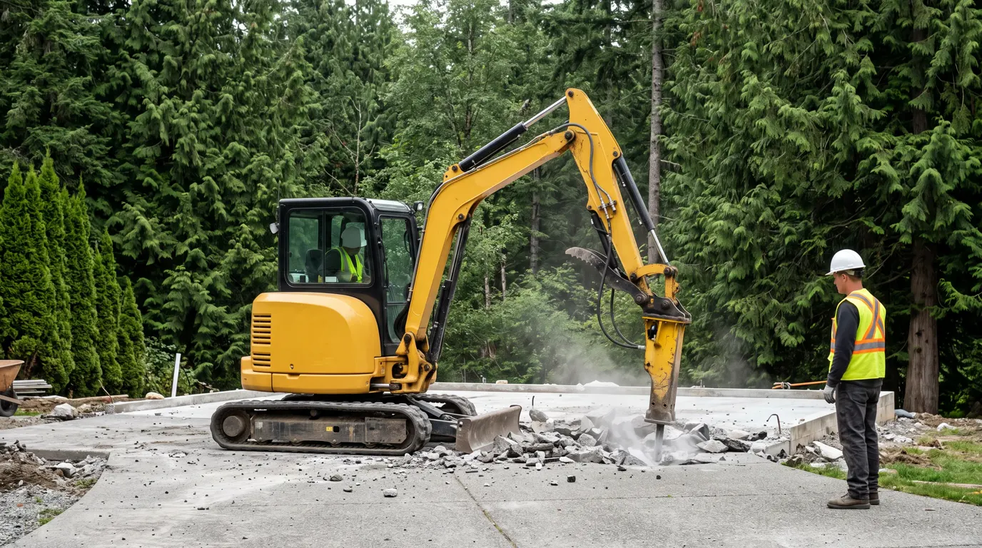 Excavator with hydraulic breaker performing structural concrete demolition in Langley BC