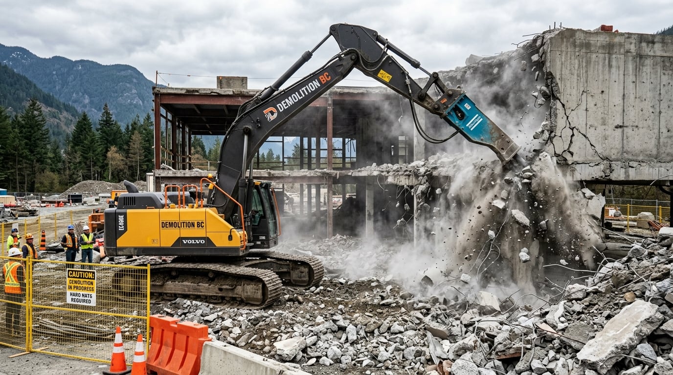 Excavator with hydraulic breaker performing structural concrete demolition in Langley BC
