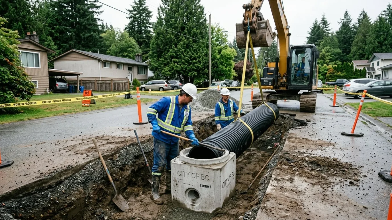 Concrete catch basin and storm drainage pipe installation in an open trench in Langley BC