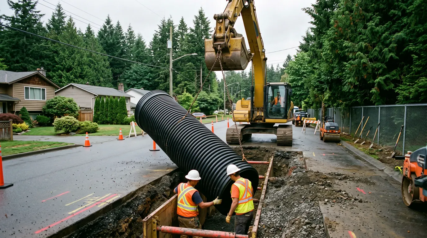 Water Supply, Drainage & Stormwater Systems in New Westminster, BC — Concrete catch basin and storm drainage pipe installation in an open trench in Langley BC