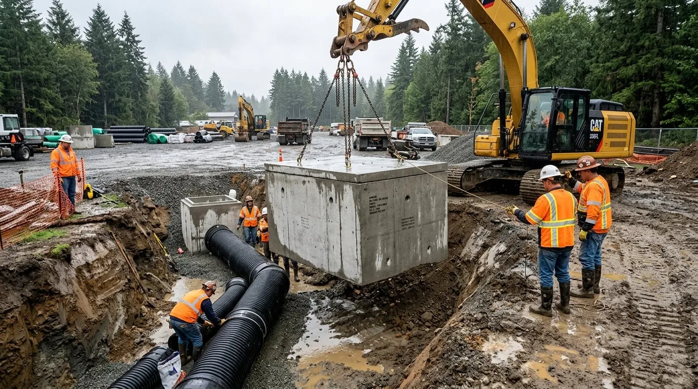 Water Supply, Drainage & Stormwater Systems in Coquitlam, BC — Concrete catch basin and storm drainage pipe installation in an open trench in Langley BC