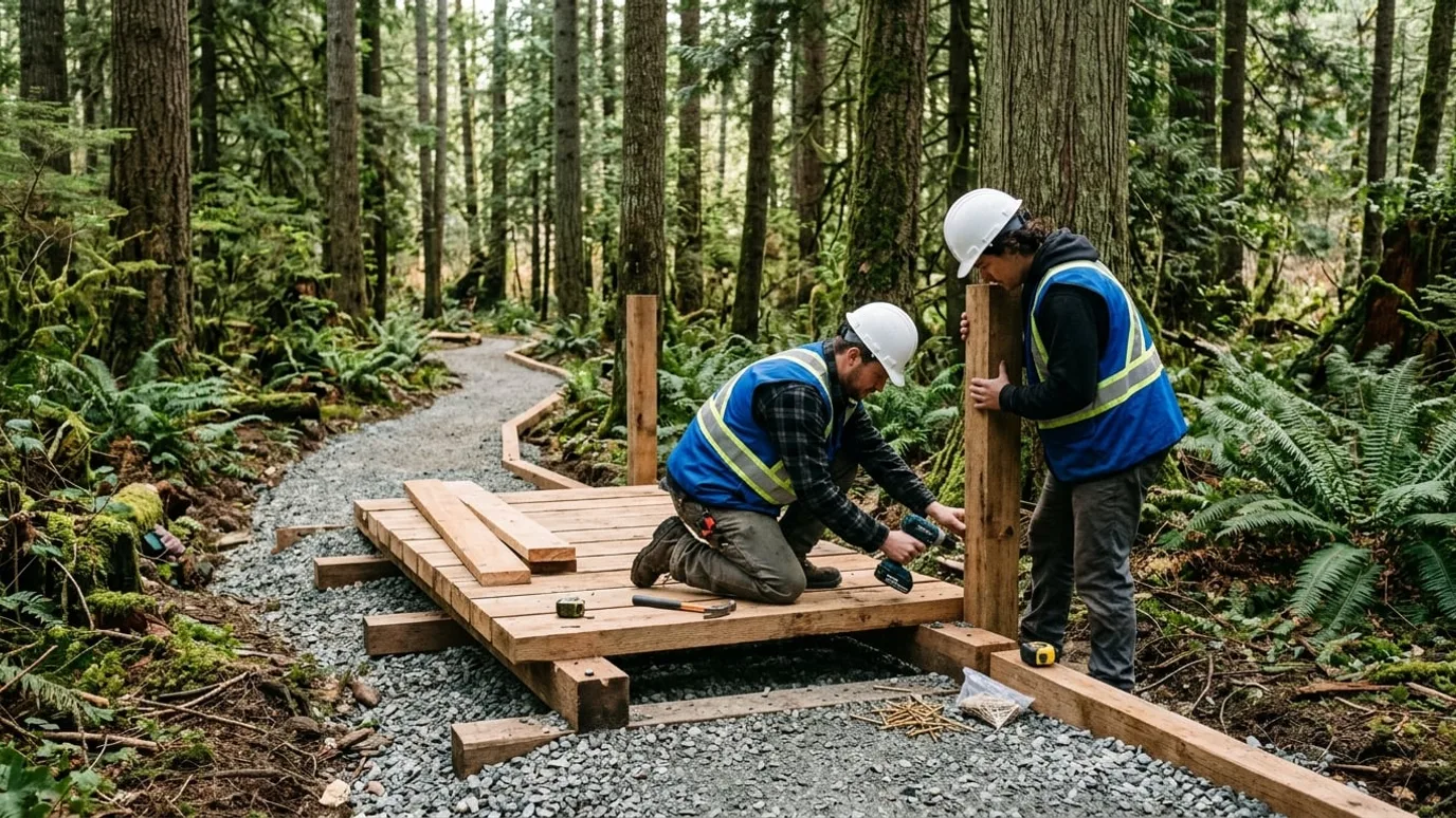 Machine-built gravel trail through a forest, environmental trail construction in the Fraser Valley BC