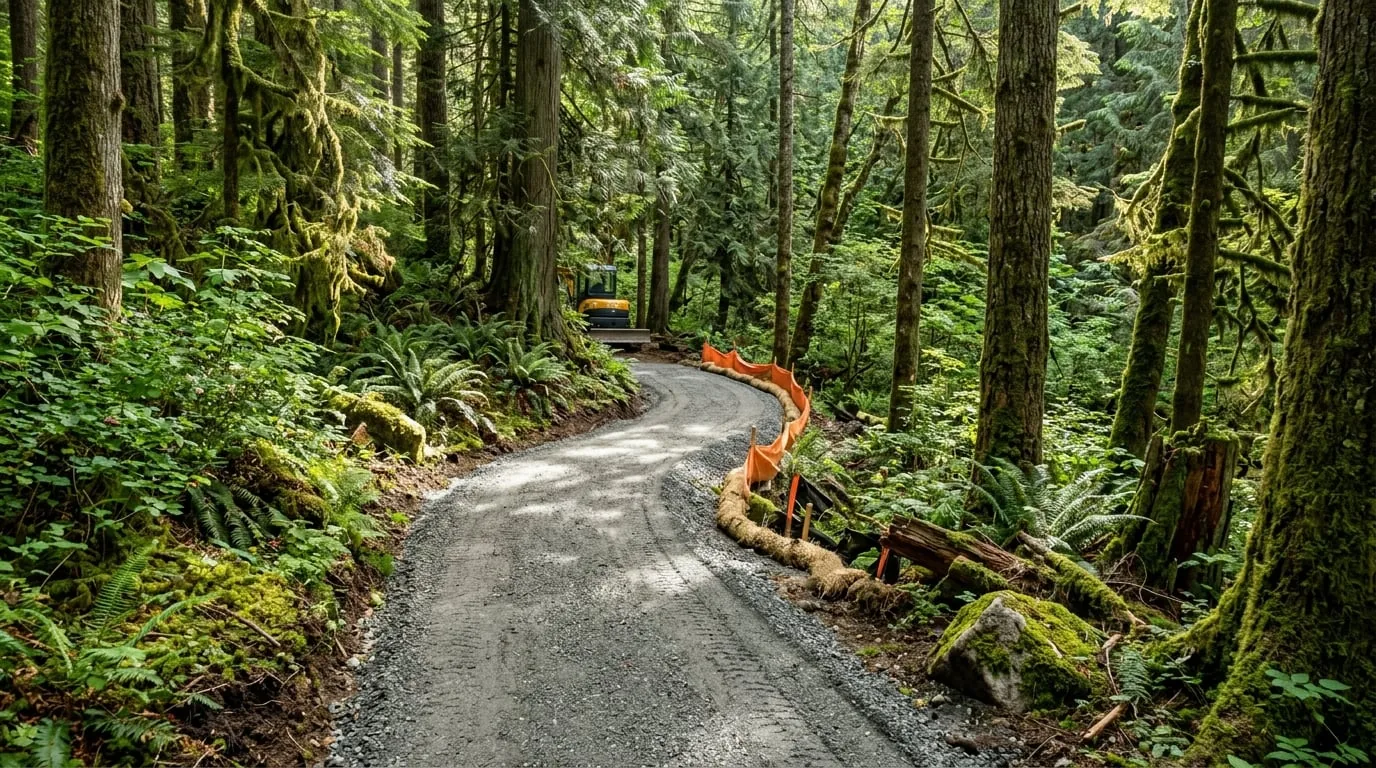 Environmental Services & Trail Works in Chilliwack, BC — Machine-built gravel trail through a forest, environmental trail construction in the Fraser Valley BC