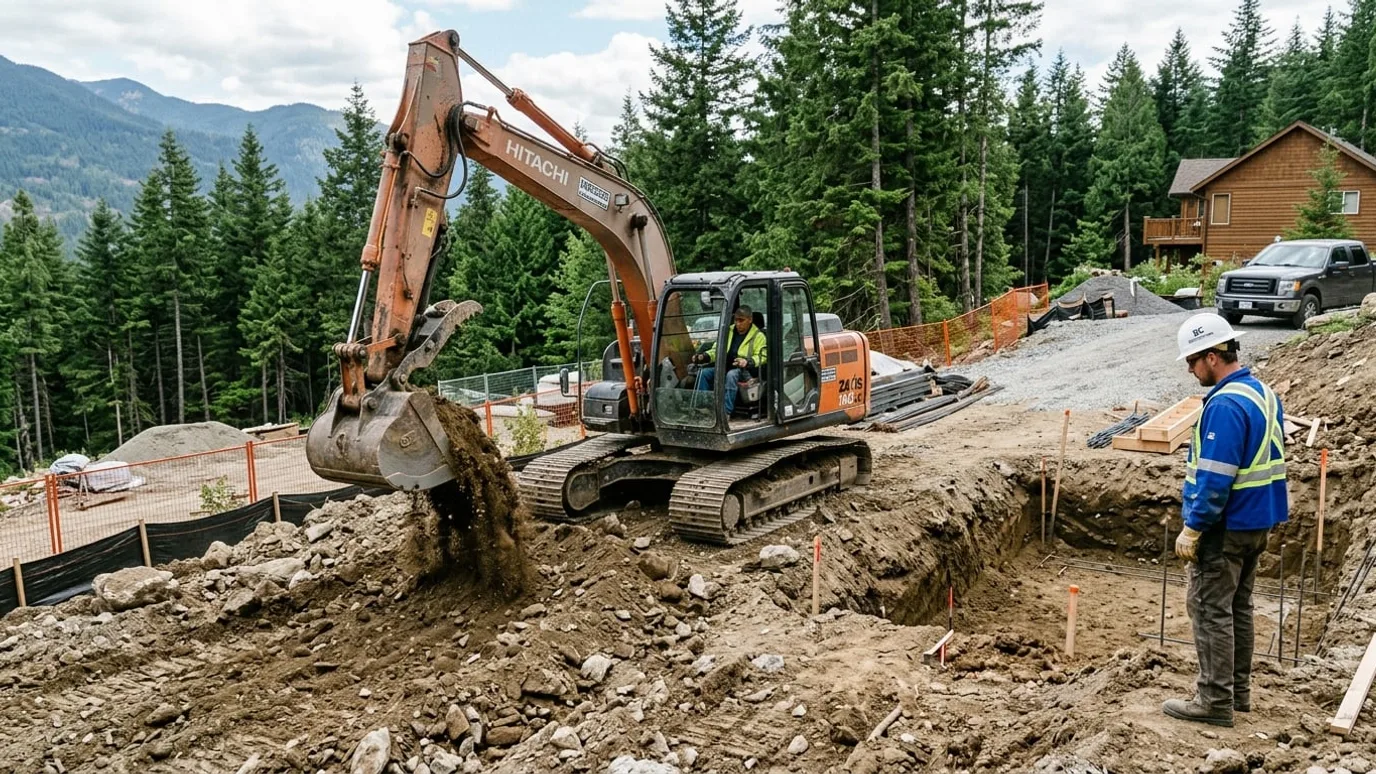 Excavator performing bulk excavation and earthworks at a construction site in the Fraser Valley BC