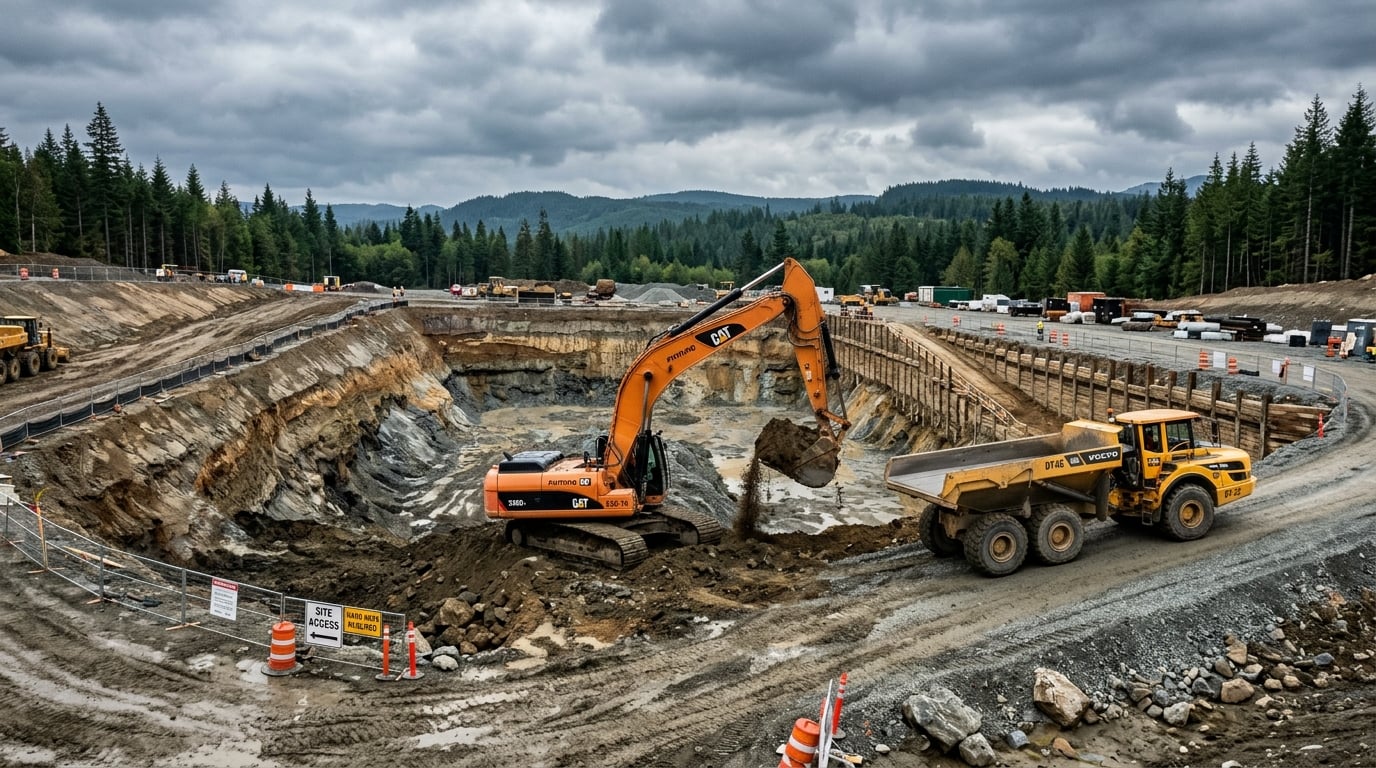 Excavator performing bulk excavation and earthworks at a construction site in the Fraser Valley BC