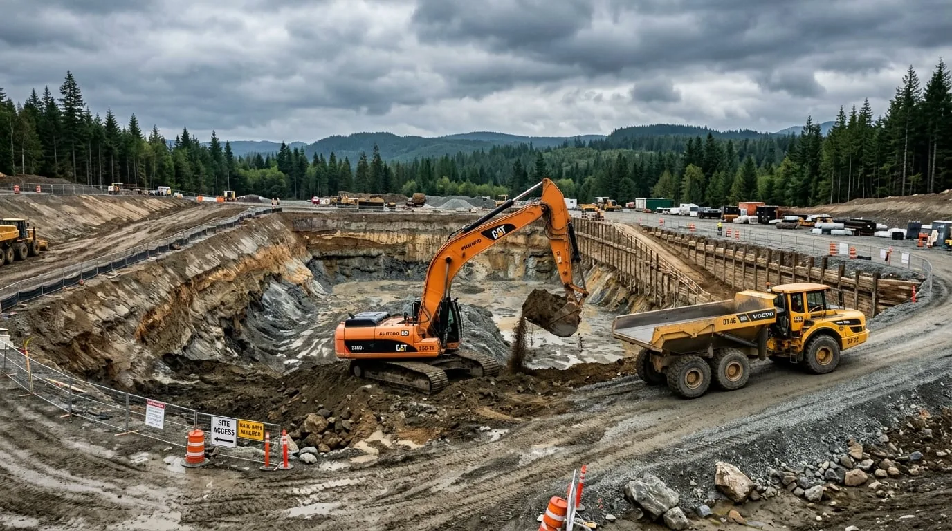Excavation & Earthworks in Delta, BC — Excavator performing bulk excavation and earthworks at a construction site in the Fraser Valley BC