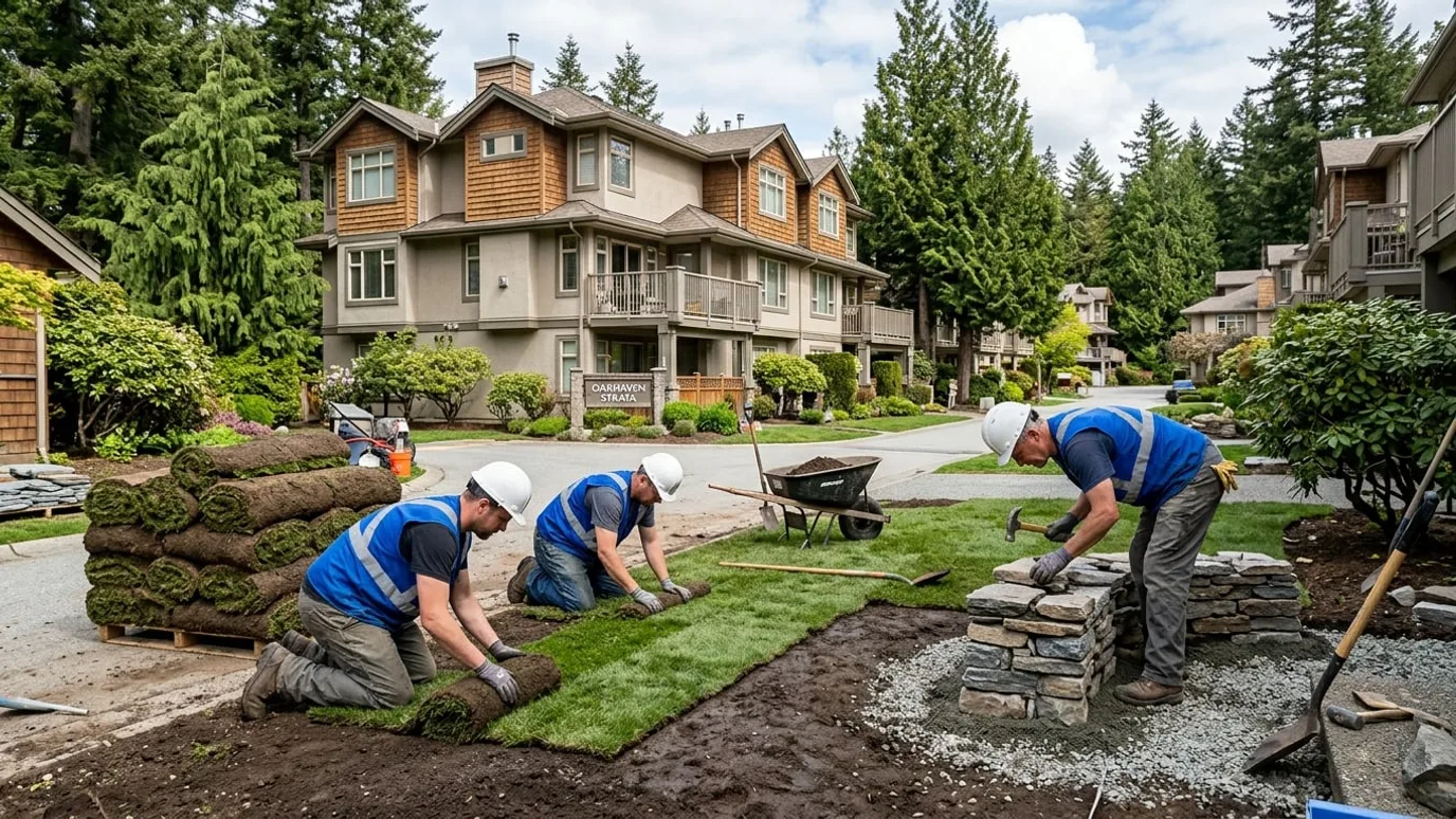 Landscaping crew installing sod and a stone retaining wall at a strata property in Langley BC