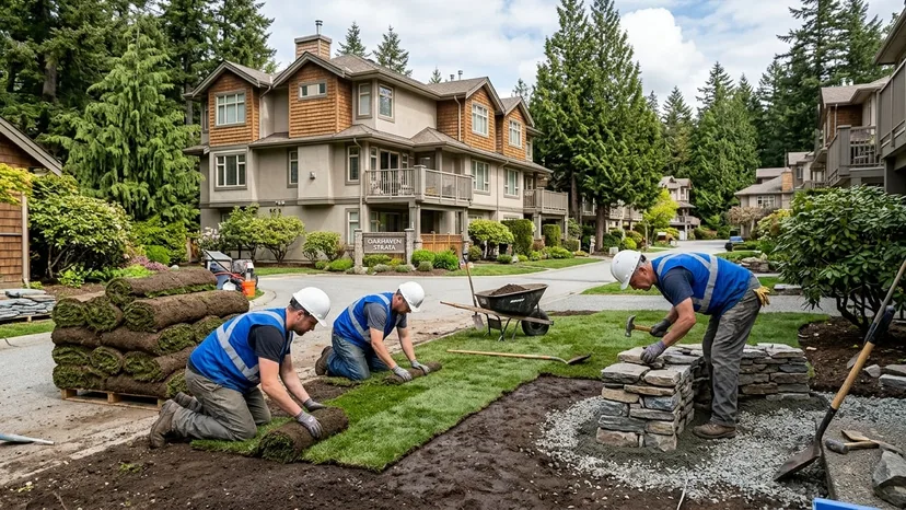 Landscaping crew installing sod and a stone retaining wall at a strata property in Langley BC