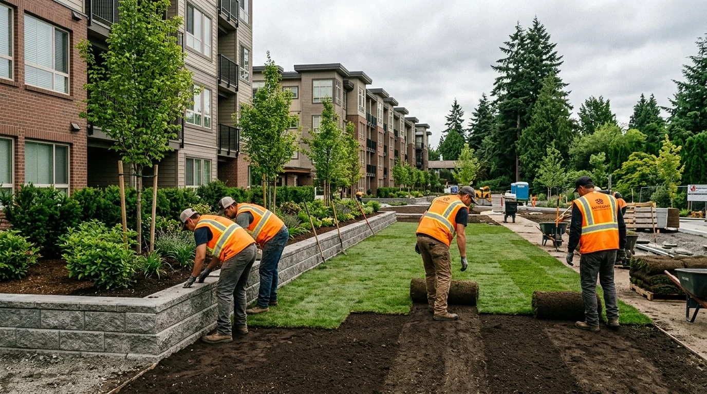 Landscape Construction & Maintenance in Chilliwack, BC — Landscaping crew installing sod and a stone retaining wall at a strata property in Langley BC