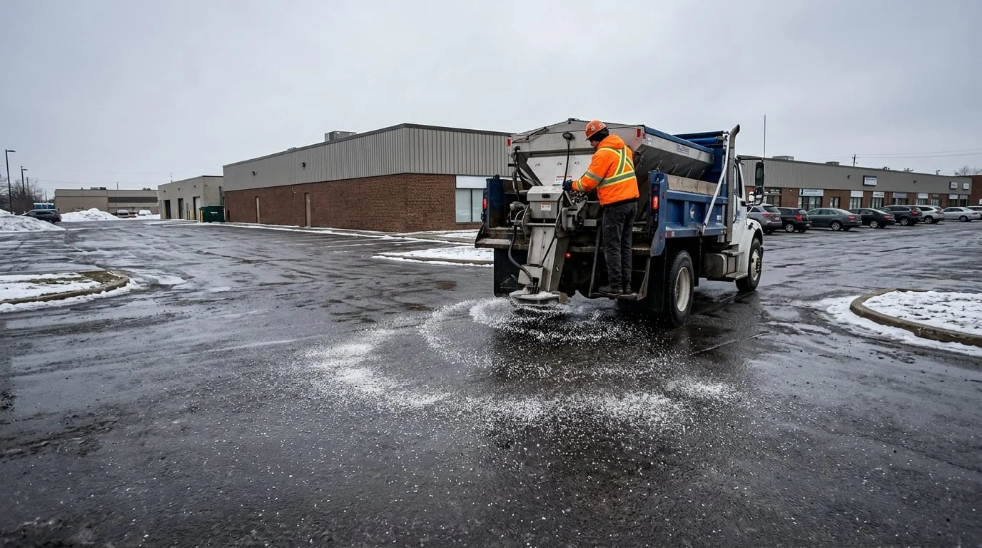 Salt spreader applying de-icing salt to an icy commercial parking lot in Langley BC
