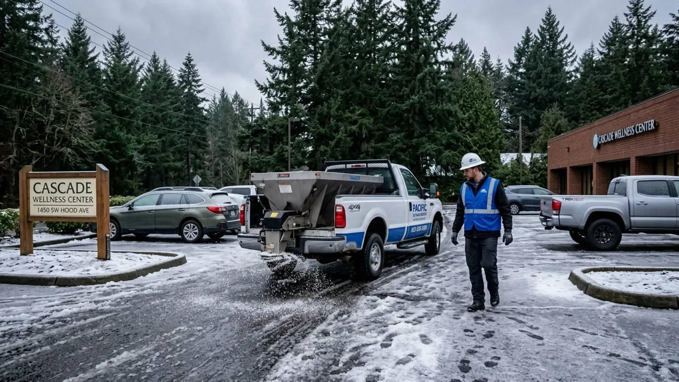 Salt spreader applying de-icing salt to an icy commercial parking lot in Langley BC