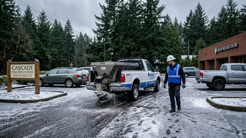 Salt spreader applying de-icing salt to an icy commercial parking lot in Langley BC
