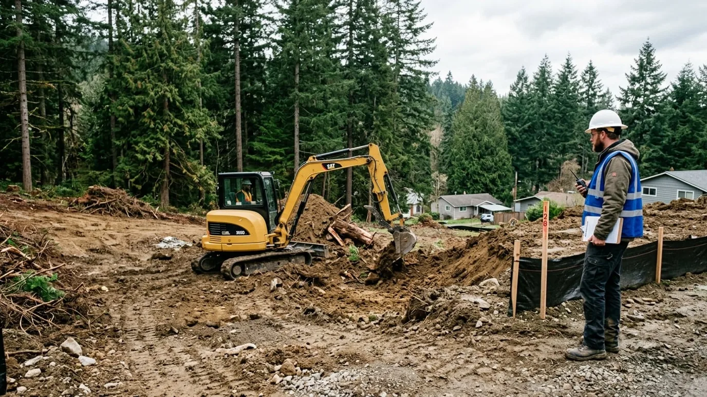Bulldozer performing land clearing and site preparation on a development site in Langley BC
