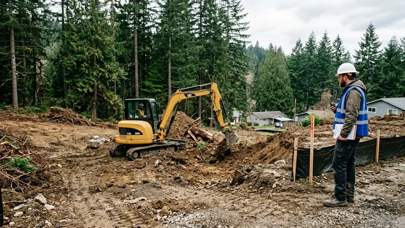 Bulldozer performing land clearing and site preparation on a development site in Langley BC