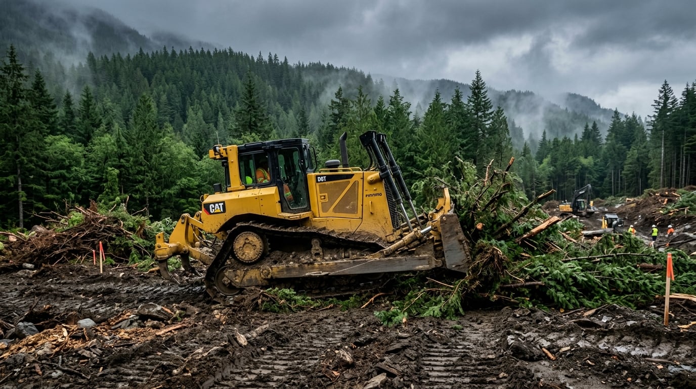 Bulldozer performing land clearing and site preparation on a development site in Langley BC