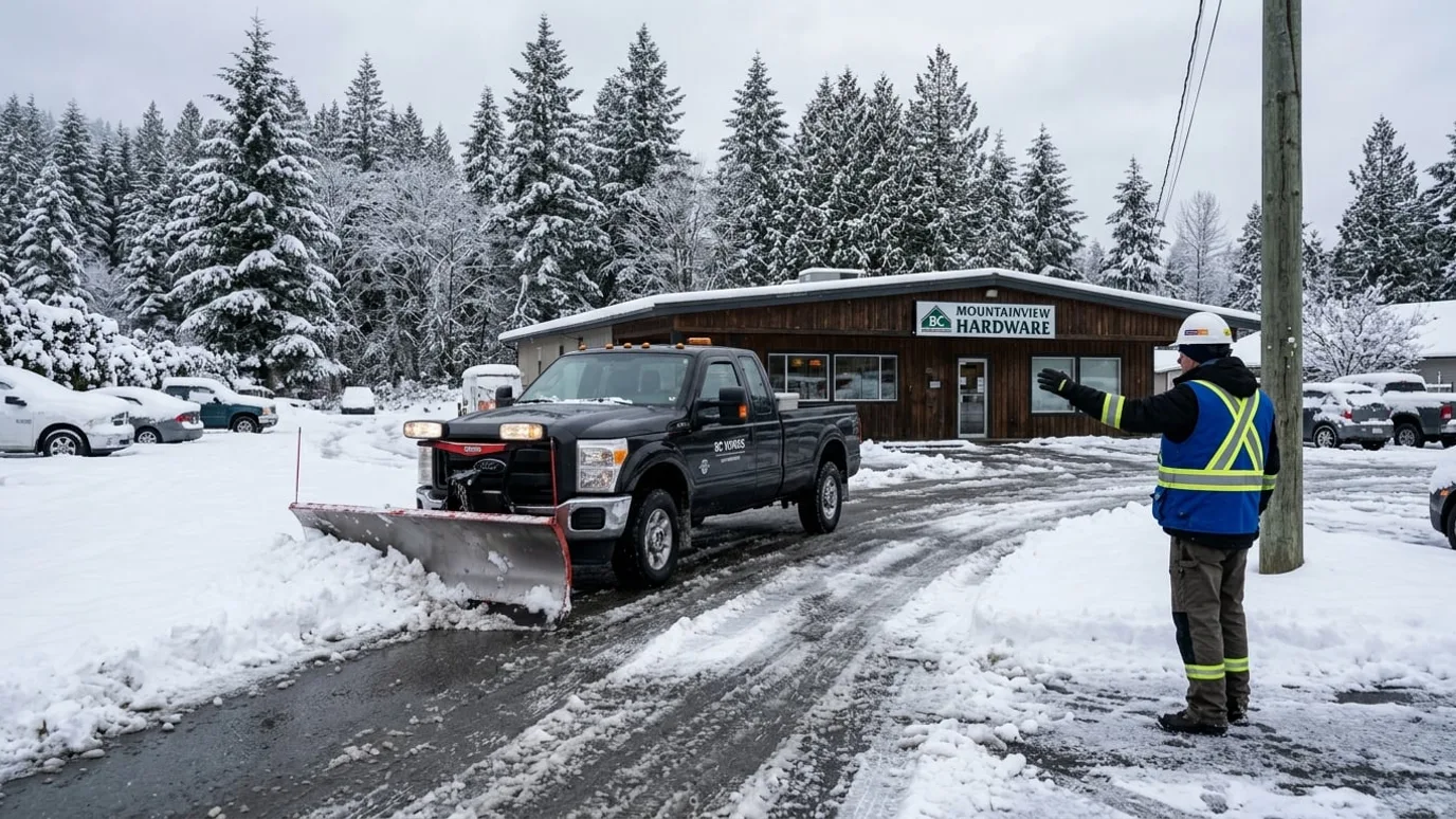 Wheel loader clearing snow from a commercial parking lot in Langley BC during winter