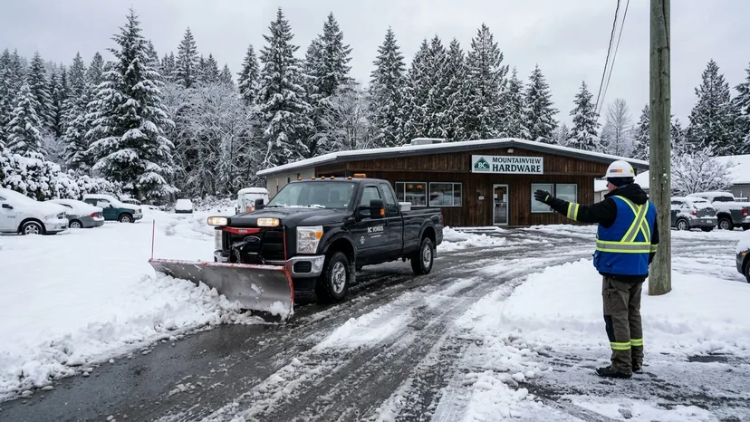 Wheel loader clearing snow from a commercial parking lot in Langley BC during winter