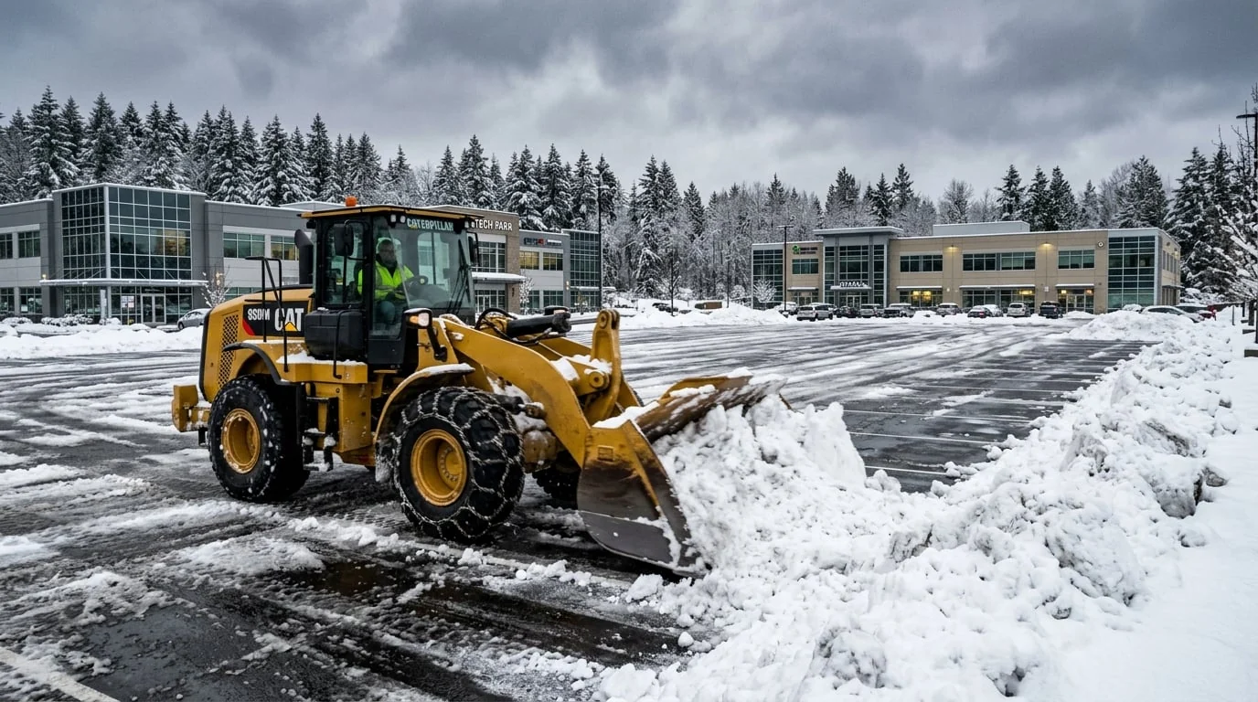 Commercial Snow Removal in Maple Ridge, BC — Wheel loader clearing snow from a commercial parking lot in Langley BC during winter