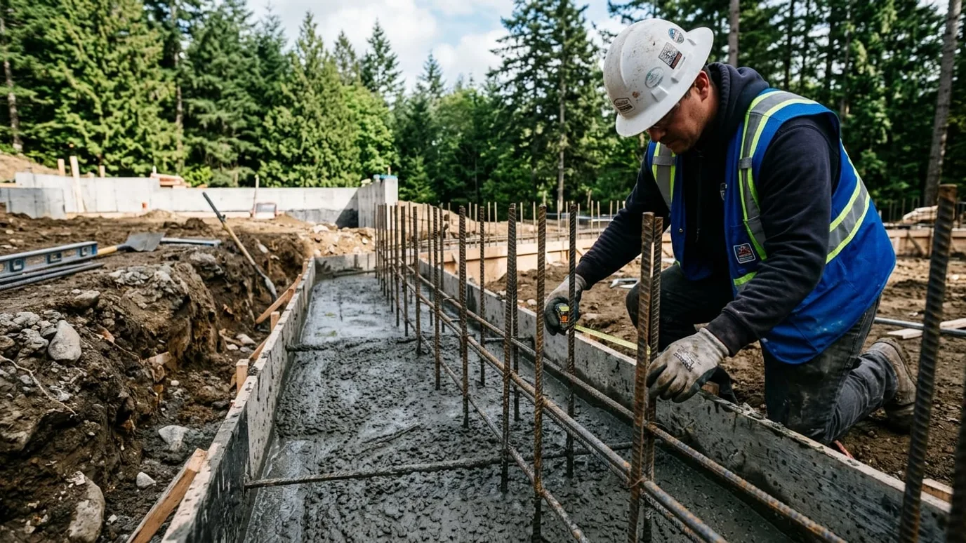 Concrete foundation footings with rebar and shotcrete retaining wall built by TDS Civil in Langley BC