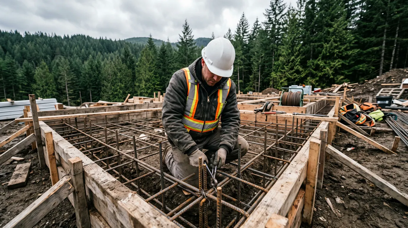 Concrete foundation footings with rebar and shotcrete retaining wall built by TDS Civil in Langley BC