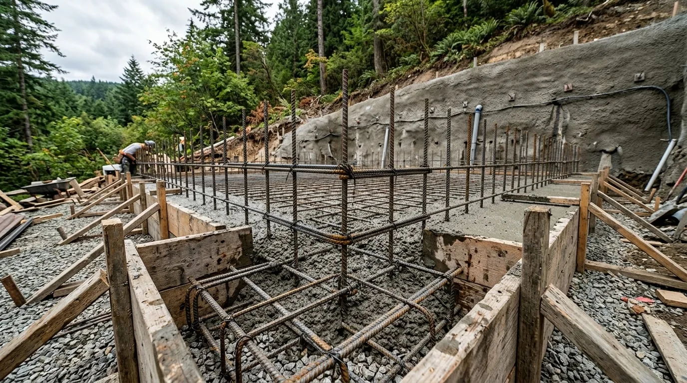 Structural Civil Construction in Chilliwack, BC — Concrete foundation footings with rebar and shotcrete retaining wall built by TDS Civil in Langley BC