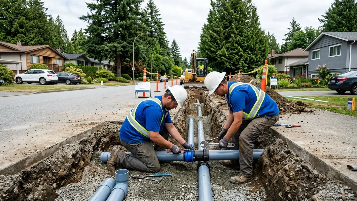 Workers connecting water main pipes in an open utility trench in Surrey BC