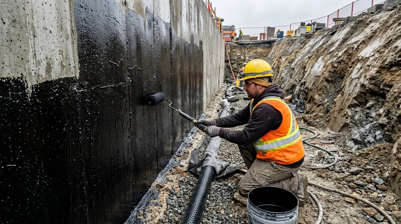Worker applying Sika waterproofing membrane to a below-grade concrete foundation wall in Langley BC