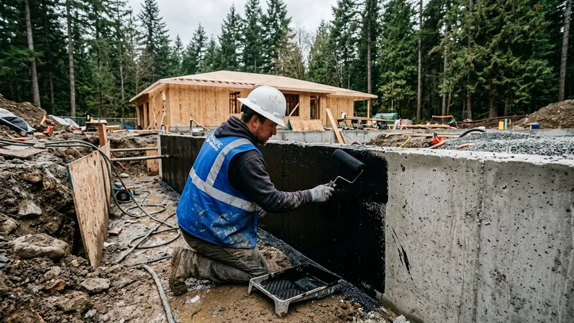 Worker applying Sika waterproofing membrane to a below-grade concrete foundation wall in Langley BC